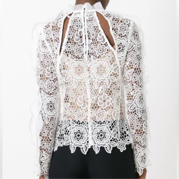 SELF-PORTRAIT White Cutout Ruffle Guipure
Lace Top Blouse Size: US 2 - Picture 3 of 5